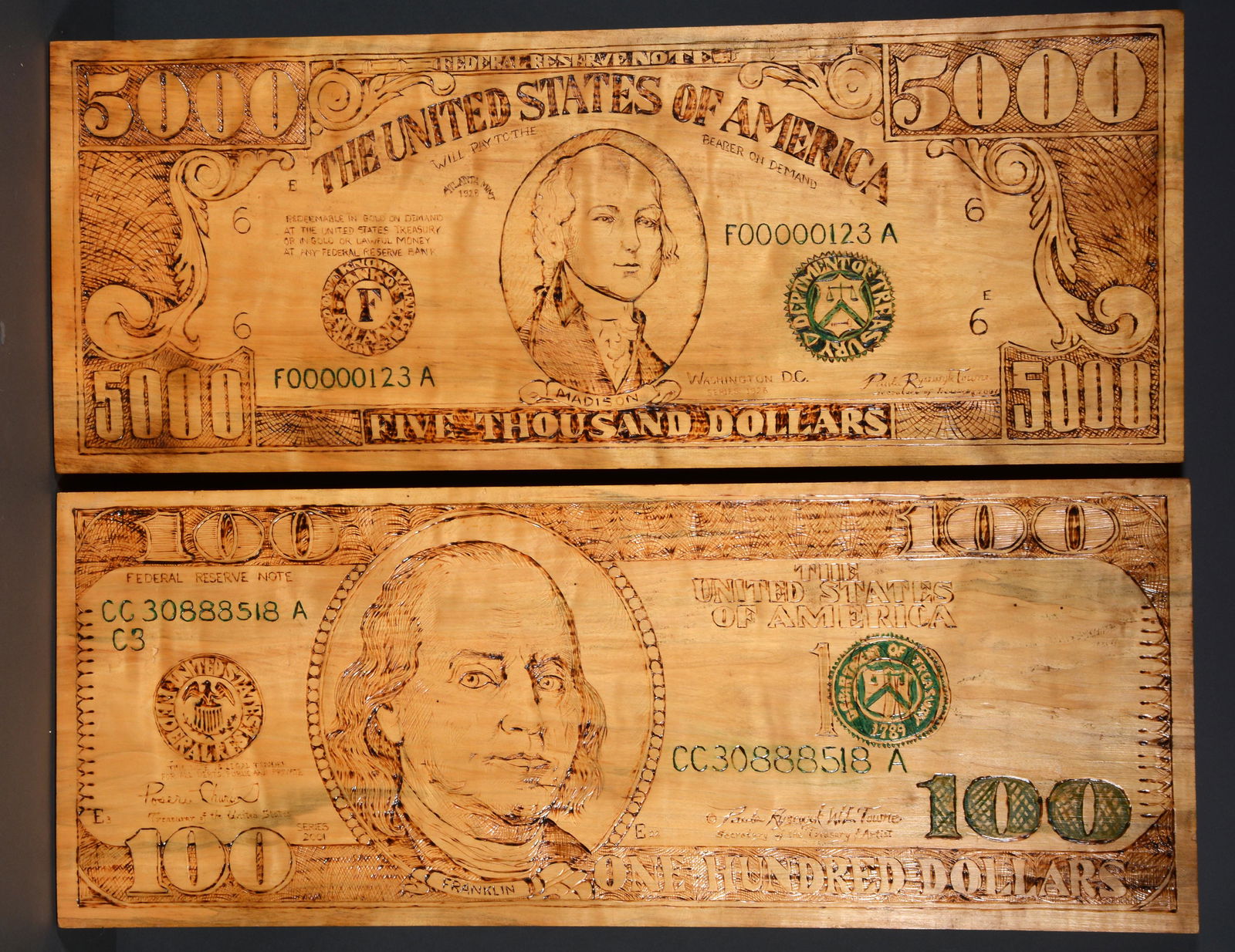 Paula Towne. $5,000 Dollar Bill and $100 Dollar Bill. (1 of 3)