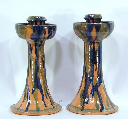 Billy Ray Hussey 2 Candleholders: Both are colorfully drip glazed, 11" h. Mint condition. Signed #44.