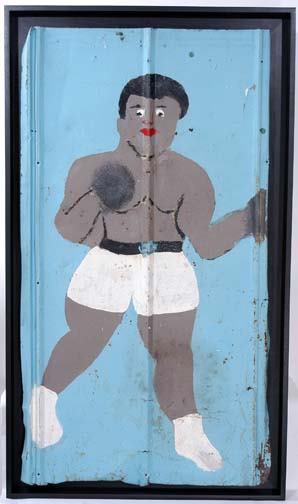 Sam Doyle "Joe Louis": Enamel on tin. 27" w x 49" h. With frame, 30" w x 52" h.