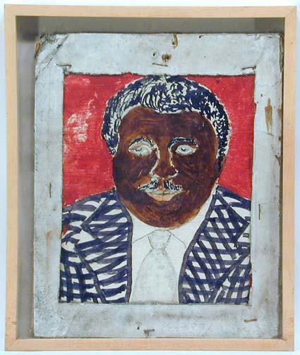 Sam Doyle Portrait of a Man: Paint and ink on canvas paper. Early piece in artist's homemade frame created from cardboard and stapled together. Entire work is 12.5" w x 15" h including box frame. Excellent piece. Provenance: Chuc