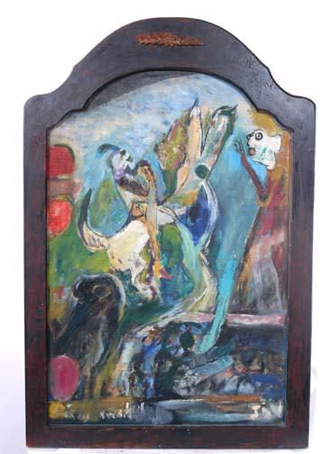 Jon Serl "Going Up": Oil on board, framed in a vanity mirror frame. 30" w x 45" h. Very nice piece. Provenance: The Block Collection of California.