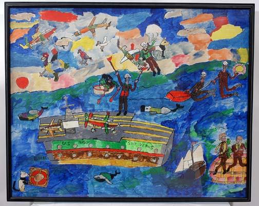 Robert Smith U.S. Navy Ship Venus: Paint on window shade. 41" w x 24" h with frame. Provenance: The Herbert Hemphill Estate.