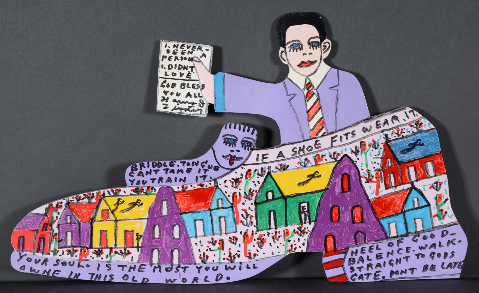 Howard Finster. Howard In A Purple Shoe.: Howard Finster. Howard In A Purple Shoe. 1998. #44,102. Signed, dated, titled and numbered. Paint and marker on cut out board. Excellent condition. 17.5” x 10.5”. Est. $300-500. Ship: $45