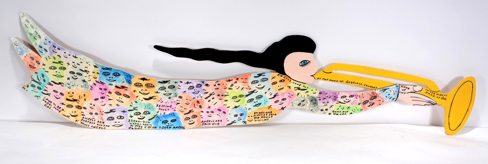 Howard Finster. Right Handed Trumpeting Angel.: Howard Finster. Right Handed Trumpeting Angel. 1992. #23,904. Signed, dated and numbered. Paint and marker on cut out board. Missing bottom back corner tail, otherwise good to fair condition. 48&rdquo
