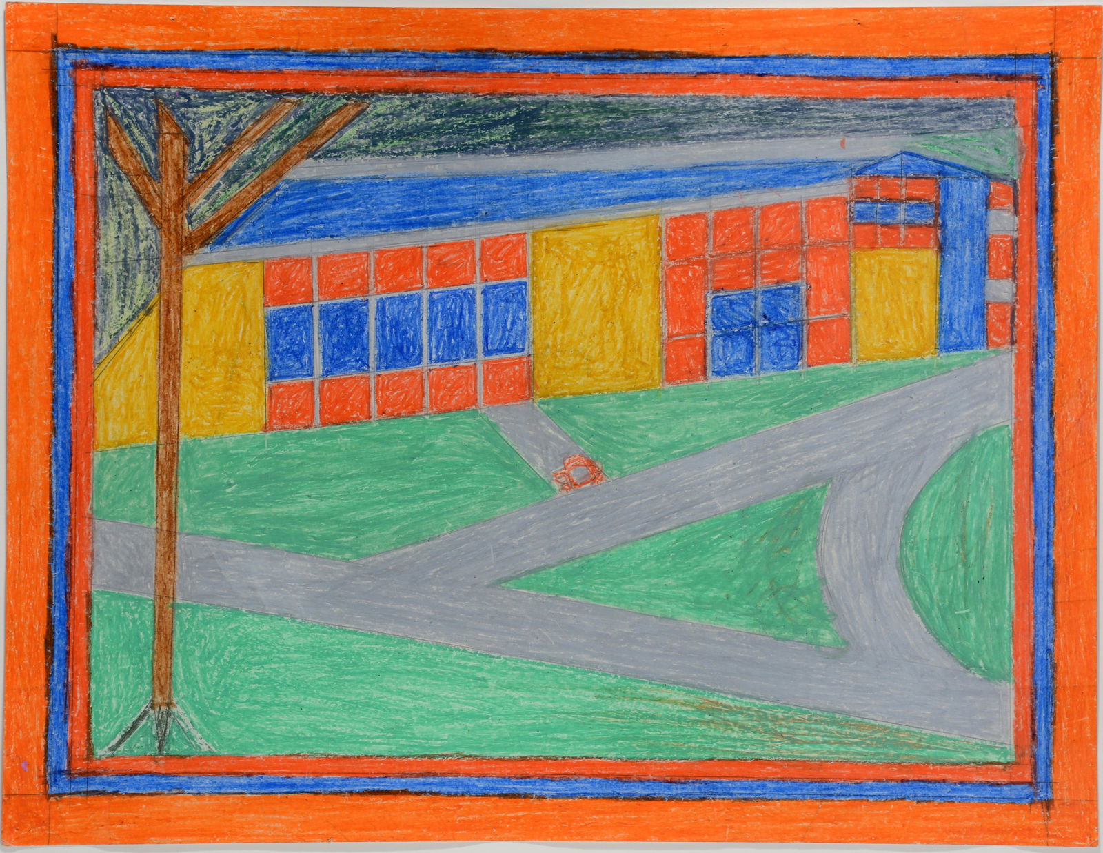 Eddie Arning. Orange Building, #543.: Eddie Arning. Orange Building, #543. Craypas and crayon on paper. Excellent condition. Image is 26” x 20”. Frame is 35” x 29”. Est. $1,000-2,000. Ship: $85