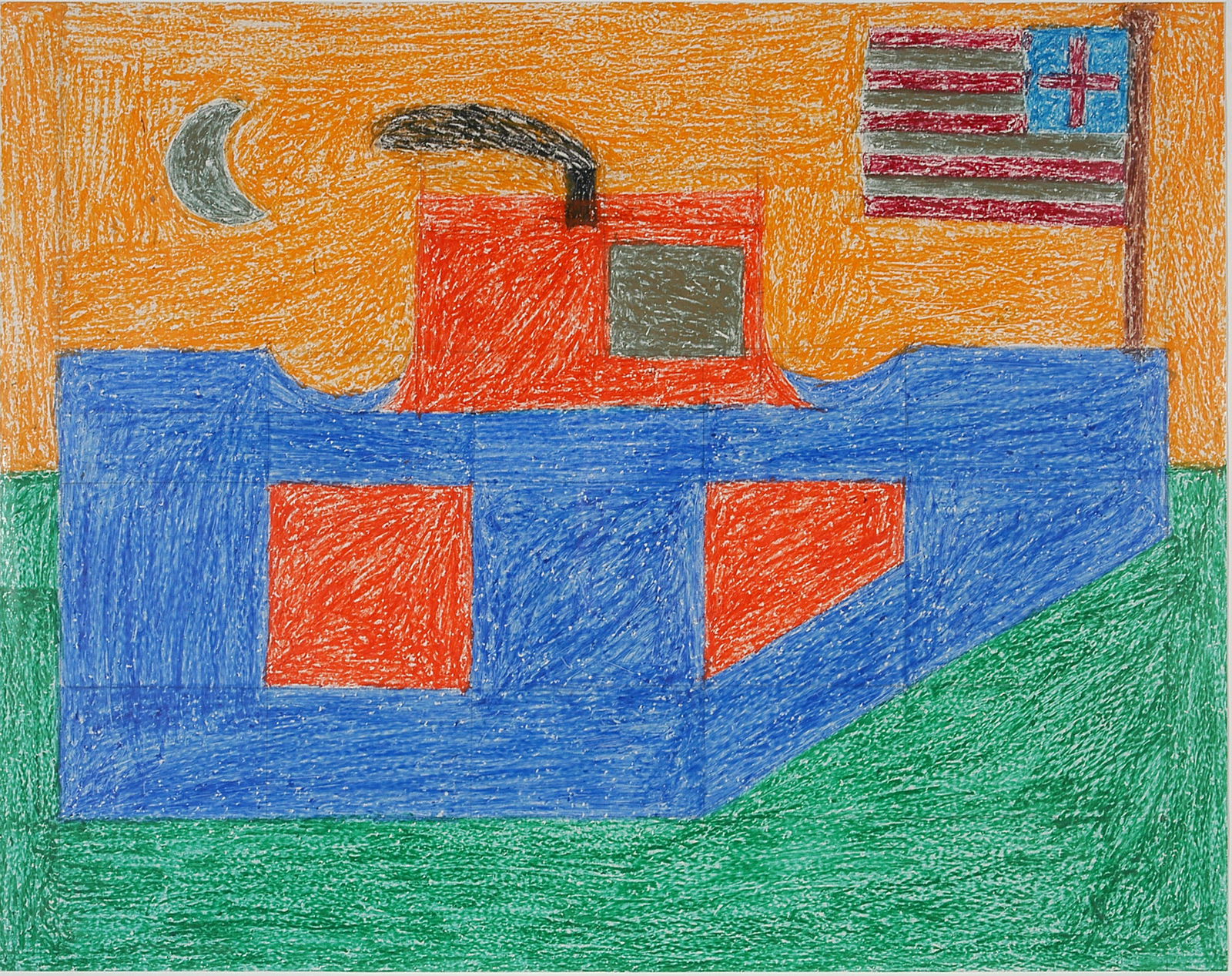 Eddie Arning. American Ship.: Eddie Arning. American Ship. Not signed. Crayon on paper. Excellent condition. Image is 24” x 19”. Frame is 32” x 27”. Est. $1,000-2,000. Ship: $85