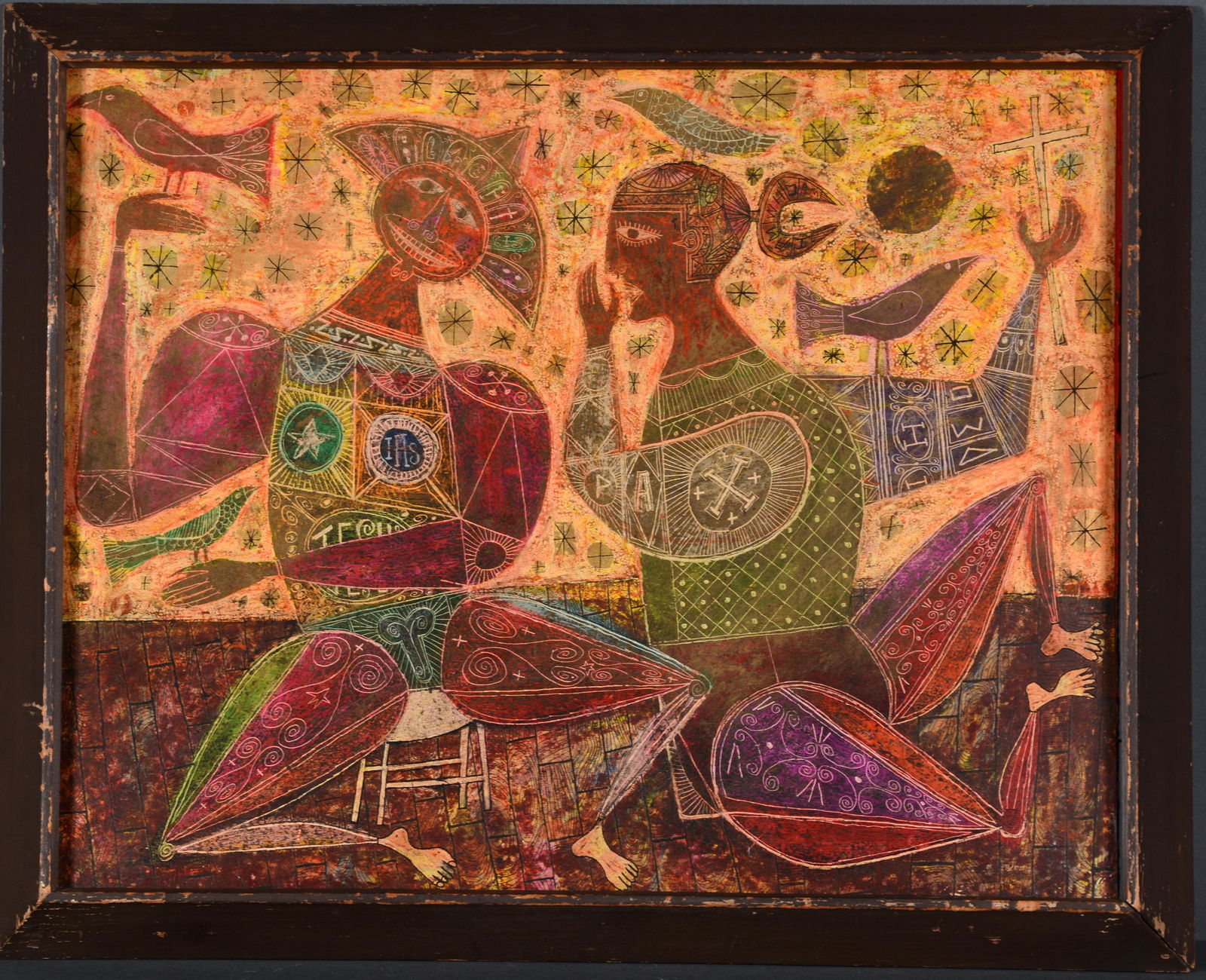 Rex Clawson. I Am Who Am.: Rex Clawson. I Am Who Am. Not signed or dated. Oil and oil crayon on paper, backed to Masonite. Excellent condition. Image is 18” x 14”. Frame is old and needs to be replaced. Est. $600-90