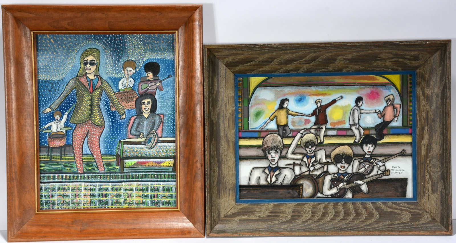 Alex Maldonado. Dancing & Rock and Roll.: Alex Maldonado. Dancing and Rock and Roll. 1965. Signed and dated. Oil on canvas panel. Excellent condition. 15” x 19” each including frames. Provenance: The Ames Gallery. Est. $300-500. S