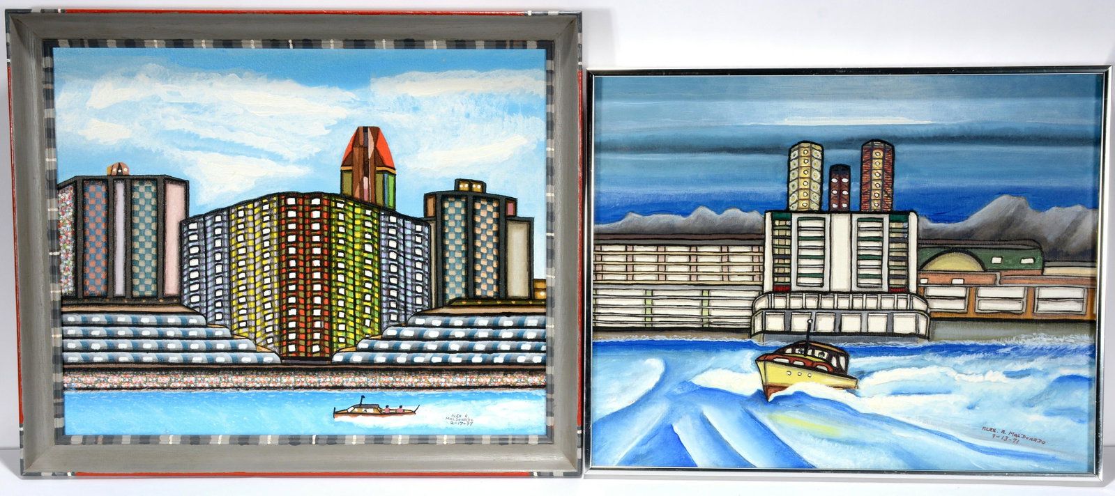 Alex Maldonado. Boat Cruises On River Front.: Alex Maldonado. Boat Cruises On City River Front. 1977 and 1971. Signed and dated. Oil on canvas. Excellent condition. Average size is 17” x 20”. Provenance: The Ames Gallery. Est. $300-50