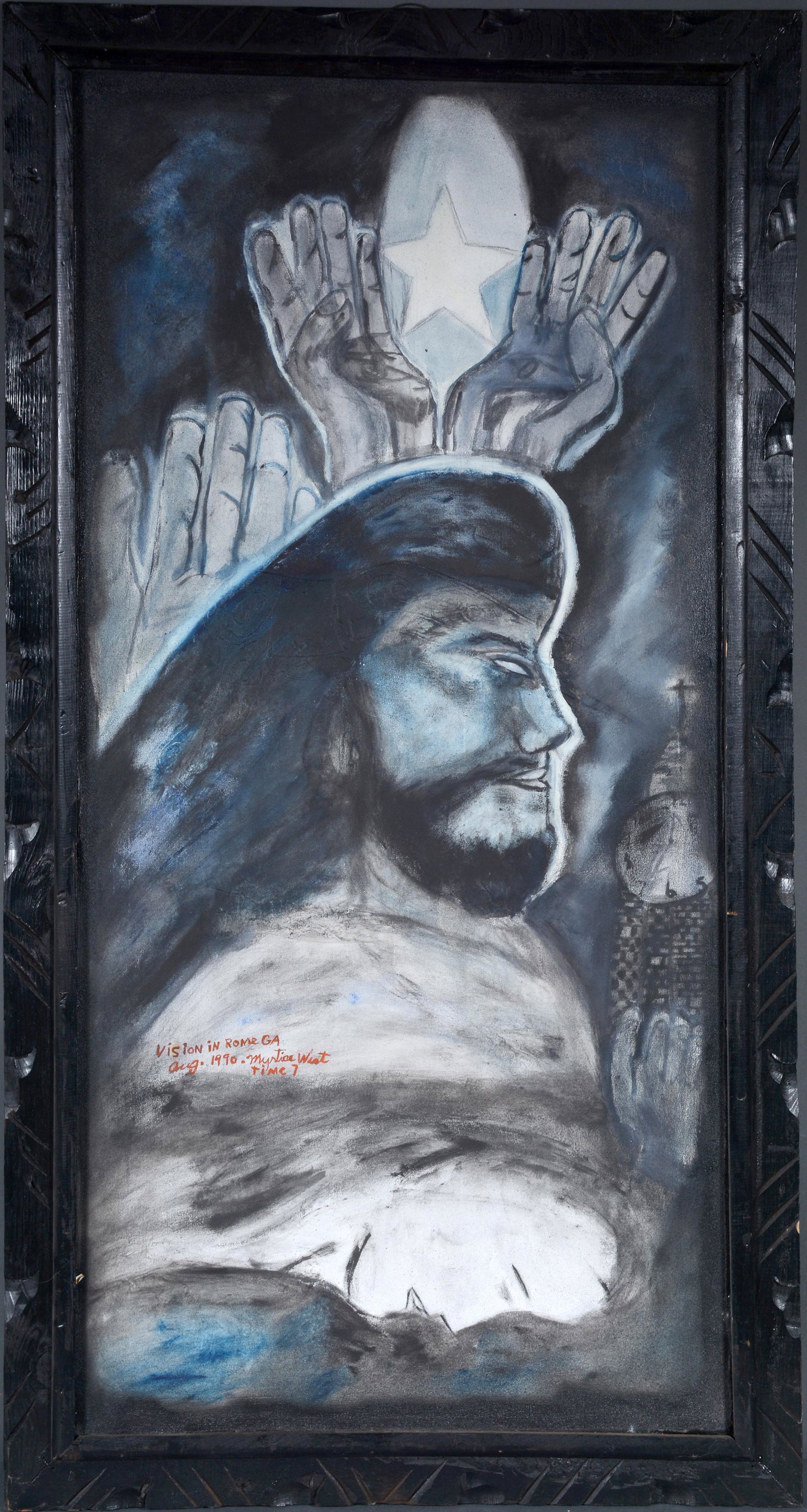 Myrtice West. Vision In Rome GA 1996.: Myrtice West. Vision In Rome Georgia August 1996. Signed, dated and titled. Paint on canvas with found frame. Excellent condition. 26” x 49. Est. $500-800. Ship: $200