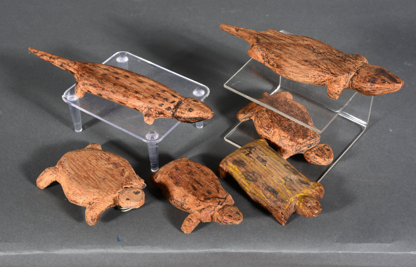 Carl McKenzie. Six Turtles & Lizards.: Carl McKenzie. Six Turtles and Lizards. Not signed. Carved wood, colored with crayon. Lots of loss, overall poor condition. Largest is 7” x 2”. Est. $10-25. Ship: $25