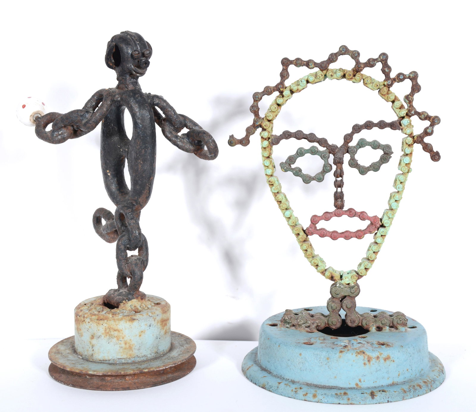 Stanley Papio. Bowler & Chain Face.: Stanley Papio. Bowler and Chain Face. c. 1970. Initialed. Welded metal parts. Some weathering, otherwise great condition. Average size is 12”h. Est. $300-600. Ship: $100