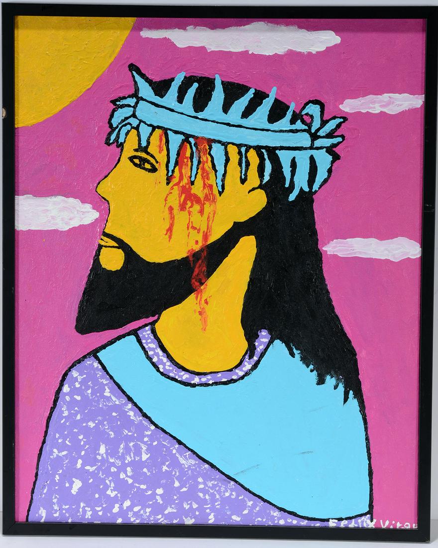 Felix Virgous. Christ.: Felix Virgous. Christ. Signed. Not dated. Oil on artist panel. Excellent condition. 17" x 21" Est. $200-300. Ship: $35