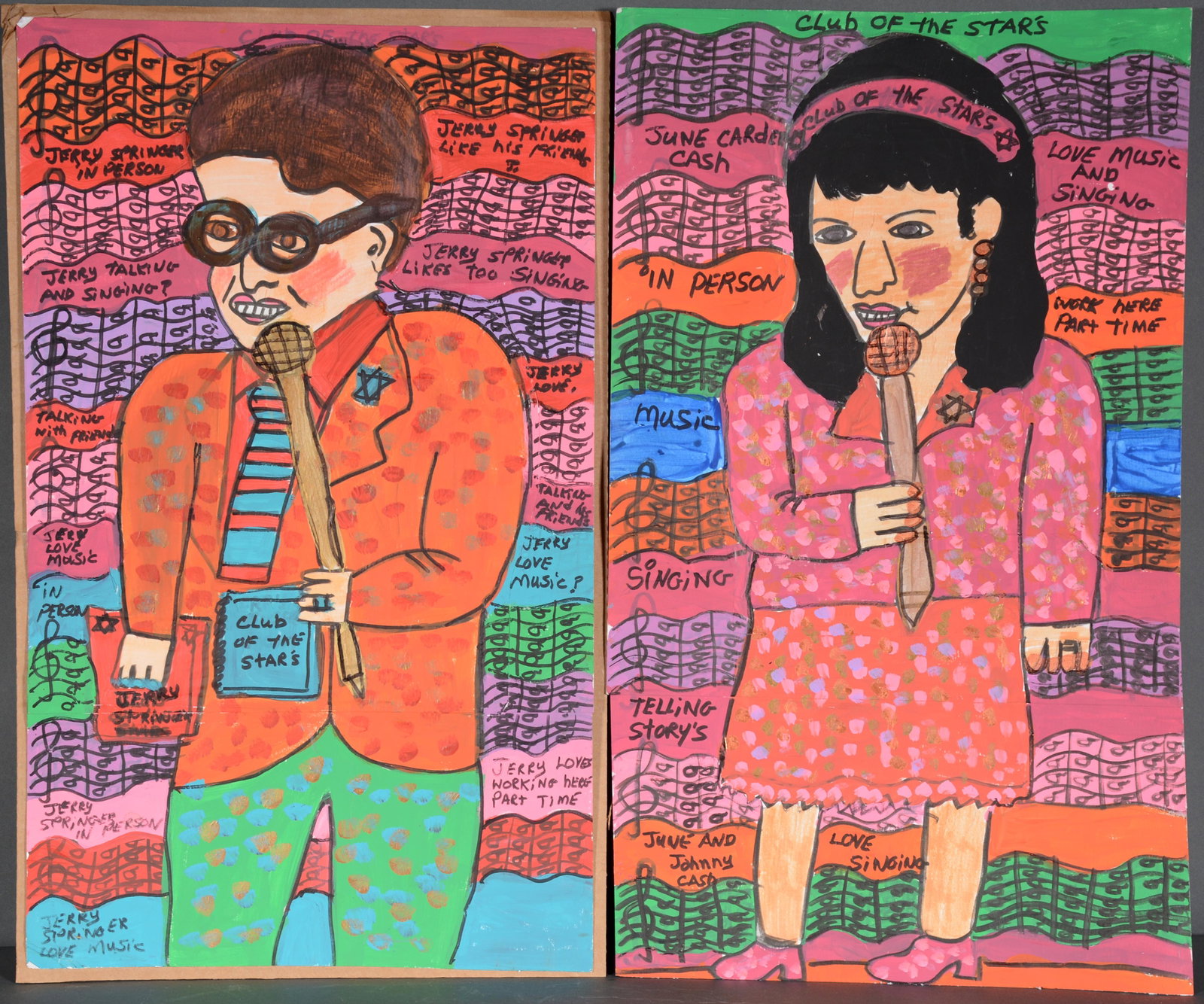 Jerry Springer and June Cash.: Unknown Artist. Jerry Springer and June Cash. Not signed. Paint on cardstock. Good condition. Each is 14” x 24”. Est. $100-200. Ship: $45