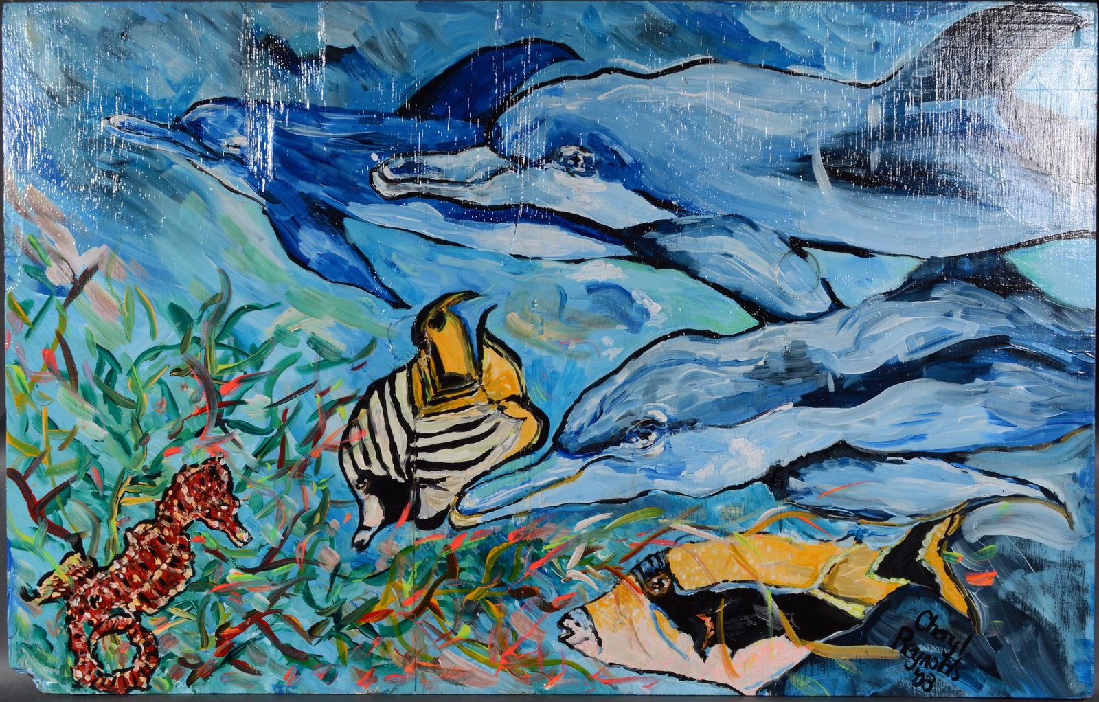 Cheryl Reynolds. A Hui Hou Until We Meet Again.: Cheryl Reynolds. A Hui Hou Until We Meet Again. 2008. Signed, dated and titled. Paint on found board. Great condition. 48” x 30”. Proceeds to benefit The Paradise Garden Foundation. Est. $