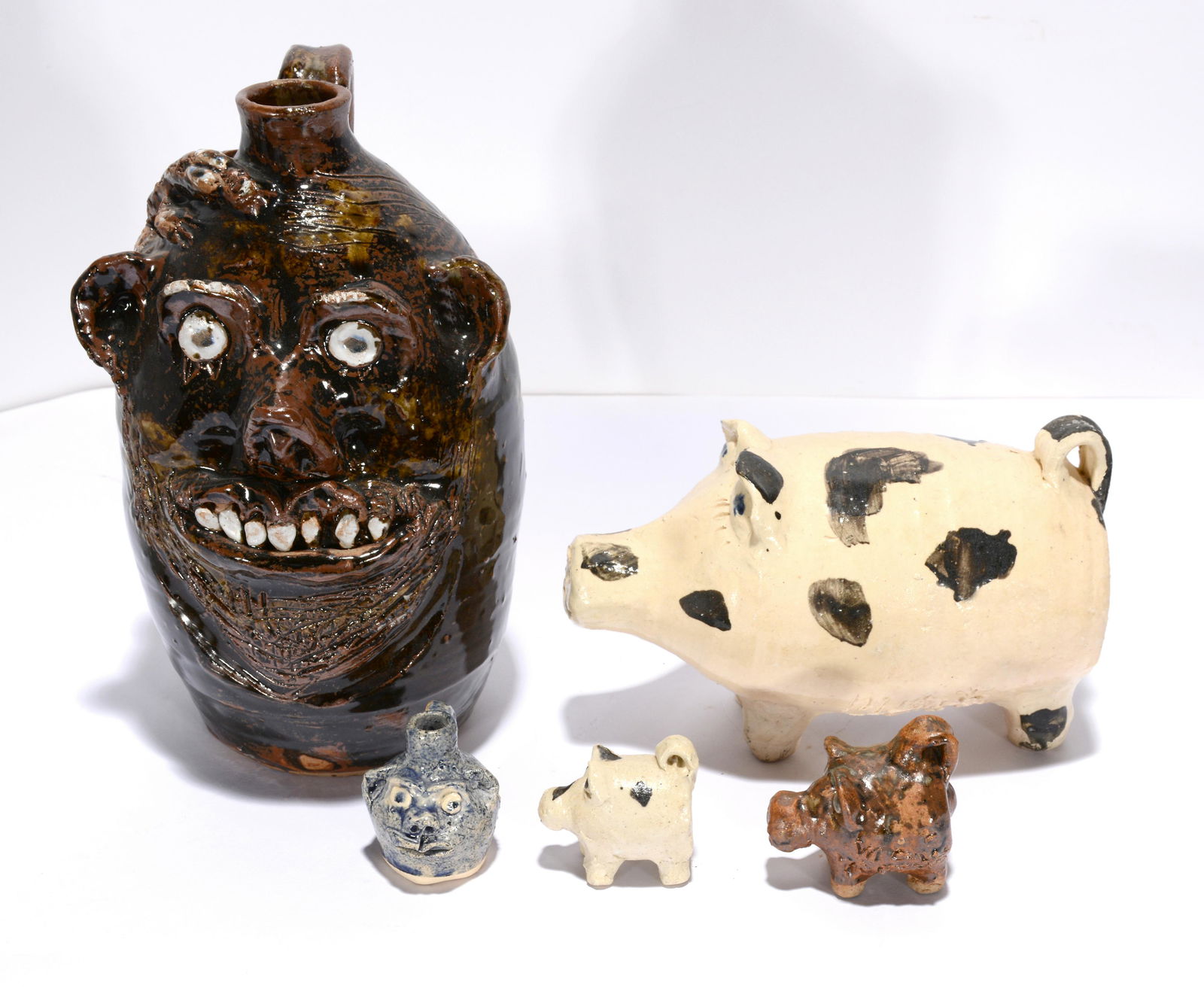 Marie Rogers. Face Jug With 3 Pigs & Mini Jug. (1 of 2)