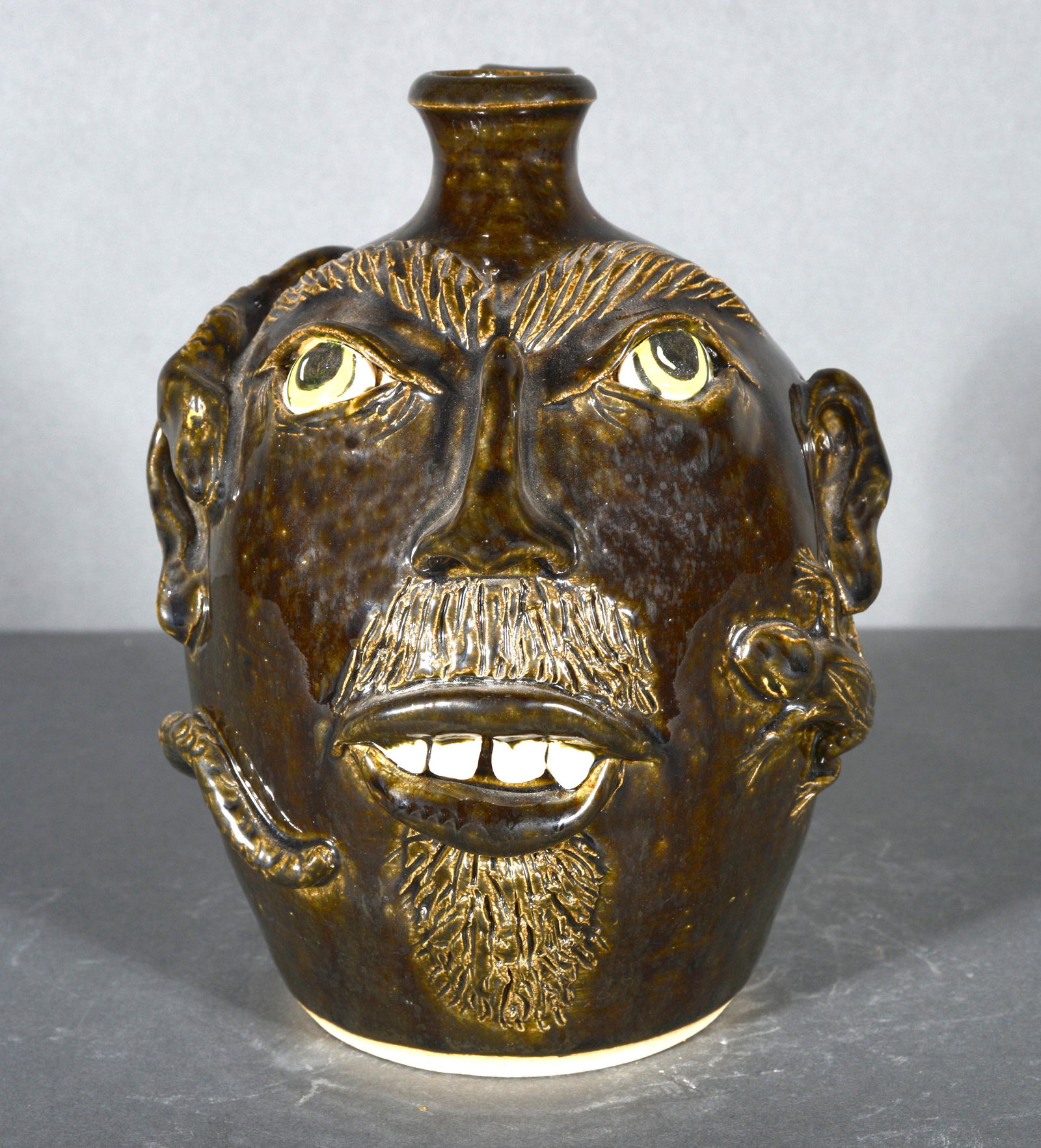 J.S. Pottery. Face Jug With Snake & Lizard. (1 of 4)