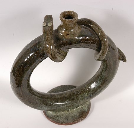 B.B. Craig. Standing Ring Jug w Snake.: Standing Ring Jug with Snake.Stamped, "B.B. Craig, Vale, NC" on bottom. 11" h. Mint condition. Est. $300-500. Ship: $45