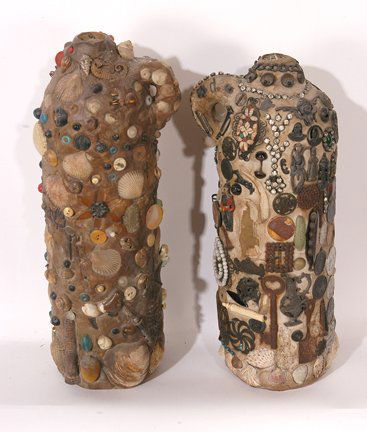Anonymous Maker. Pair of Memory Jugs.: Pair of Memory Jugs.Mixed media including found objects, shells, beads, old coins, knives, buttons, screws, dentures, dice, key lock, metal label from IL Machine Co., costume jewelry. 12"h. Est. $300-