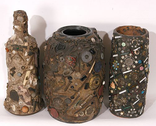 Anonymous Maker. Three Memory Jugs.: Three Memory Jugs.Mixed media including nails, screws, buttons, shells, jewelry, glass. 12"h. Est. $300-500. Ship: $65
