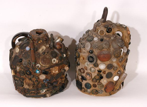 Anonymous Maker. Memory Jugs w Handles.: Pair of Memory Jugs with Handles.Mixed media with Victorian buttons, jewelry, nuts, bolts. 9.5"h is the tallest. Est. $300-500. Ship: $50