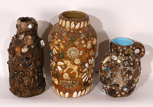 Anonymous Maker. Three Memory Jugs.: Three Memory Jugs.Mixed media including buttons, shells. 9"h tallest. Est. $300-500. Ship: $60