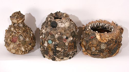 Anonymous Maker. Three Memory Jugs.: Three Memory Jugs.Mixed media. Tallest is 8"h. Est. $300-500. Ship: $60