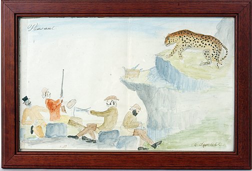 H. Scarlett. Pleasant, 1880's Ledger Drawing.: Pleasant.Ledger drawing, c. 1880's. The artist is believed to be either an American or Englishman on an African safari. There is often a comical view and storyline to each work. Watercolor and colored