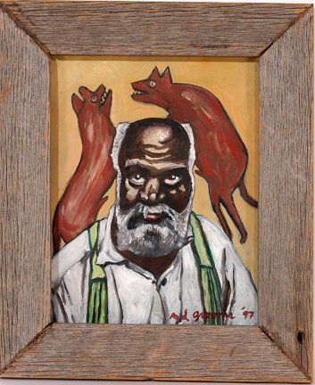 Red Grooms. Bill Traylor & Fighting Dogs.: Bill Traylor and Fightling Dogs.Oil on wood. Signed and dated, 1997. Image is 8" w x 10"h. With frame, 11"w x 13"h. Excellent condition. Provenance: Acquired from The Marlborough Gallery, NY. Est. $5,