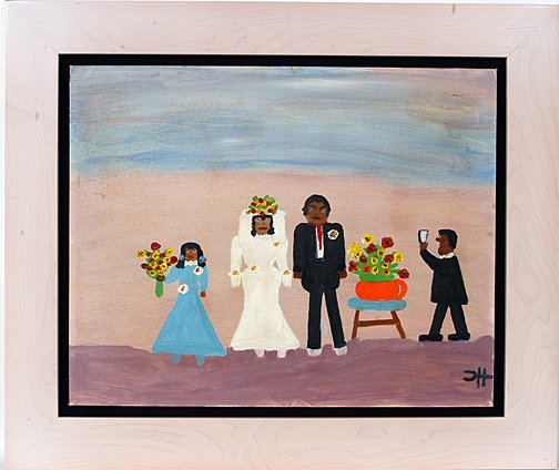Clementine Hunter. Cane River Wedding.: Cane River Wedding.Paint on canvas board. c. 1960's. 20" x 16"image. 28"w x 22"h, beautifully framed. Mint condition. Est. $4,000-6,000. Ship: $45