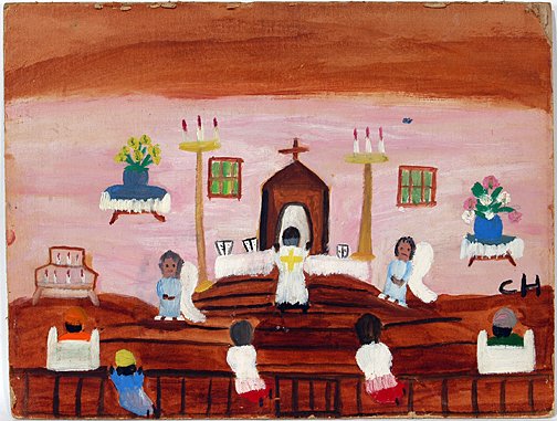 Clementine Hunter. Alter Scene.: Alter Scene.Paint on thick cardboard. c. 1950's. 15.75"w x 12"h, image only, no frame. Good condition with slight peeling around the edges and a small stray ink mark. Est. $4,000-6,000. Ship: $35