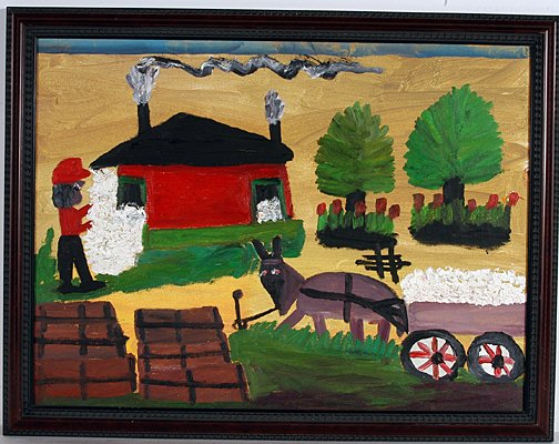 Clementine Hunter. Cotton Bailing.: Cotton Bailing.Oil on canvasboard. Thick paint applied with pallette knife. Signed. 1978. 24" w x 18" w. Frame is 26.5" w x 20.5"h. Excellent condition. Provenance: The Lynne Ingram Collection. Authen