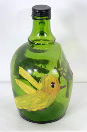 Clementine Hunter. Decorated Wine Bottle.: Decorated Wine Bottle.Paint on discarded wine bottle featuring yellow and blue birds. 9.5"h. c. 1980's. Est. $300-500. Ship: $35