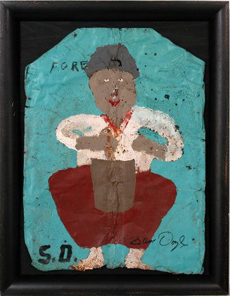 Sam Doyle. Fore (sic).: Fore (sic).Housepaint on roofing tin. Intialed and signed. Environmental rust, bubbling of paint, stable condition. 25"w x 34"h, image. Shadowbox frame, 32"w x 41"h. Provenance: Barbara Archer Gallery
