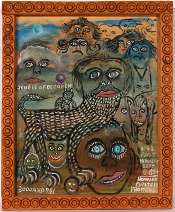 Howard Finster. Jungle Begoren, #3,751.: Jungle Begoren, #3,751.Enamel on paper. Signed and dated, Sept. 8, 1984. 9.5" w x 11.5"h, including artist decorated frame. Mint condition. Est. $2,000-4,000. Ship: $25
