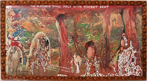 Howard Finster. The Elements Melt, #1,248.: The Elements Shall Melt with Fervent Heat, #1,248.Signed and numbered. Mixed media, tractor enamel on masonite from old TV panel. Excellent condition. 28" w x 15". Est. $3,000-4,000. Ship: $35
