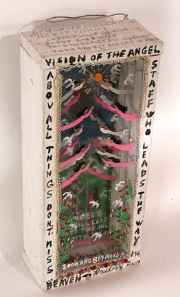 Howard Finster. Angel Shadowbox, #2,817.: Vision of Angel Staff Who Leads the Way Shadowbox, #2817.4 plexi-panels, paint, beads, costume jewelry, wood. Brush strokes, not marker. Early piece, c. 1983. There is a linear crack through the first