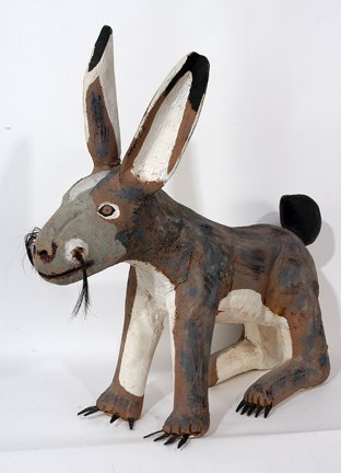 Felipe Archuleta. Jack Rabbit.: Jack Rabbit.Wood, paint, hair, leather. Signed and dated underneath, 1979. 23.75" x 22.75"x 10". Ear has been professionally repaired. Donated by Susann Craig to benefit Intuit. Est. $3,000-6,000. Shi