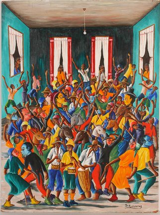 D. Rouanez. Voodoo Dance.: Voodoo Dance.Oil on masonite. Haitian. Signed. c. late 1970's. The edges are worn, but otherwise excellent condition. 24"w x 32"h. Est. $2,000-4,000. Ship:$45