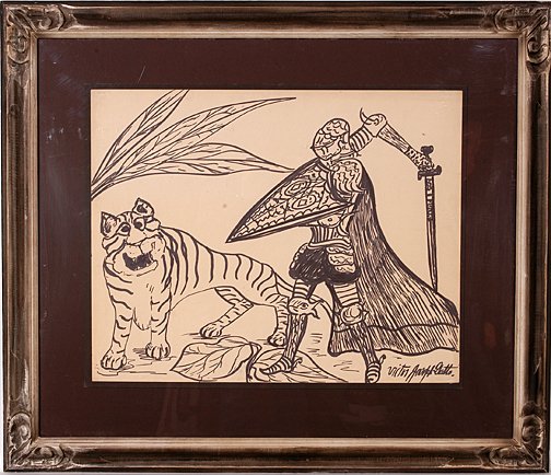 Victor Joseph Gatto. Slaying a Tiger.: Slaying a Tiger.Marker on paper. Signed. 24" w x 19"h, image. Frame is 36" w x 31"h. Excellent condition. Est. $1,000-1,500. Ship: $75
