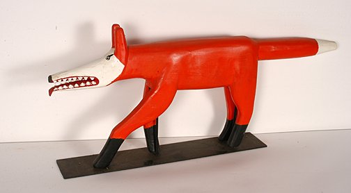 Minnie & Garland Adkins. Large Red Fox.: Large Red Fox.Carved and painted wood with wooden base. 16" h x 36"long x 4.5". Excellent condition. Provenance: The Lynne Ingram Collection. Est. $1,000-1,500. Ship: $85