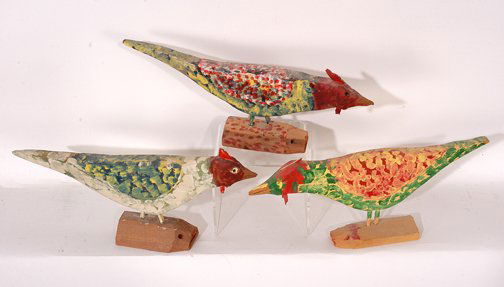 Carl McKenzie. Three Spotted Bird Carvings.: Three Spotted Birds.Carved and painted wood. All are signed, two are dated, 1990 and 1988. One is missing it's crest, all others in excellent condition. Purchased from artist. Largest is 11" x 4.5" x