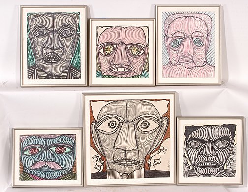 Ted Gordon. Six Portraits.: Set of Six Portraits.Ink on paper. Signed and dated, 1996-1998. All are framed. Largest is 16" x 16". Smallest is 12"x 12"h. Excellent condition. Est. $1,000-2,000. Ship: $45