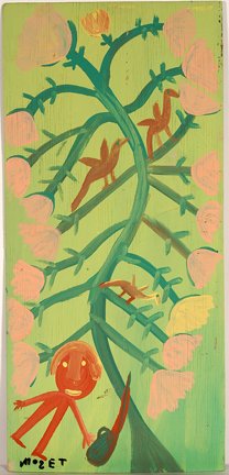 Mose Tolliver. Man Cutting Down Tree w Birds.: Man Cutting Down Tree with Birds.Latex on plywood. c. late 1980's. 15" w x 32"h. Excellent condition. Provenance: The Lynne Ingram Collection. Est. $600-800. Ship: $45