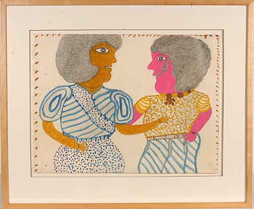 Inez Walker. Brown Woman, Pink Lady.: Brown Woman, Pink Lady.Graphite, marker, paint on paper. Signed and dated, 1974. 24" w x 18"h. Frame is 33" w x 27"h. Excellent condition. Provenance: The Lynne Ingram Collection. Est. $1,000-2,000. S