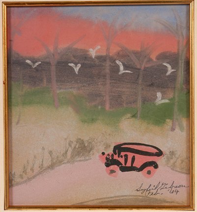 Sybil Gibson. Florida Sunset with Car.: Florida Sunset with Car.Tempera on paper. Signed and dated, Feb. 1964. (we had incorrectly listed the date as 1994, but this piece is actually 1964, a very early and important work by Gibson). Image i