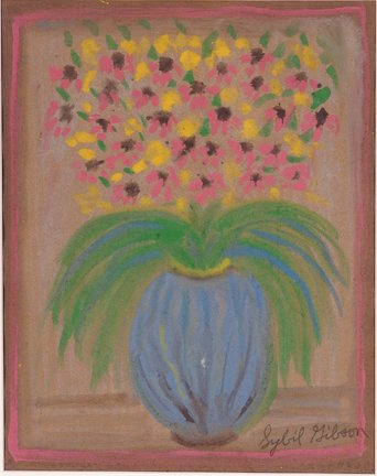 Sybil Gibson. Vase of Yellow & Pink Flowers.: Vase of Yellow and Pink Flowers.Tempera on paper. Signed on front. Image is 12" x 15"h. Frame is 21"w x 24"h. Mint condition. Est. $800-1,200. Ship: $45