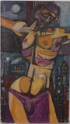 Robert Brady. Jesus In Cubist Style.: Jesus Depicted In Cubist Style.Oil on canvas. c. 1950's. Not signed or dated. Paint is strong and bright. Excellent condition. 24" w x 42"h. Est. $1,000-2,000. Ship: $65