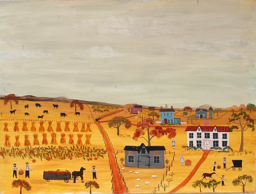 Cher Shafer. Autumn In Apple Creek, OH.: Autumn In Apple Creek Ohio.Paint on canvas. Signed and dated, 1977. 40" w x 30" h. Excellent condition. Est. $1,000-2,000. Ship: $85