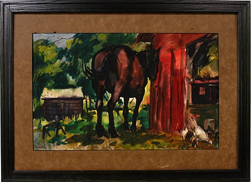 Dan Lutz. Summertime With Horse.: Summertime With Horse.Watercolor on paper. 1941. Very nice condition with a few slight scratches. 22" w x 13.75"h. Frame without glass is 29.5" w x 21.5"h. Est. $1,000-1,500. Ship: $45
